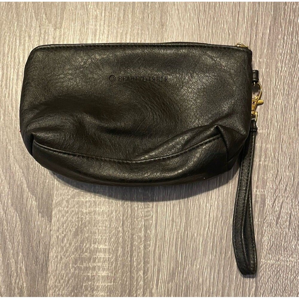 Beauty and Truth Faux Black Leather Purse Sized Make Up Bag Blue Interior